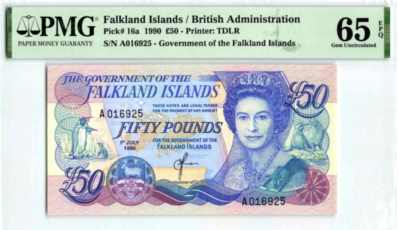 【Blue Auction】✨世界纸币精拍第180期（共73拍） 福克兰群岛 1990年50镑 最高值 A冠 女王纸币 PMG65EPQ 