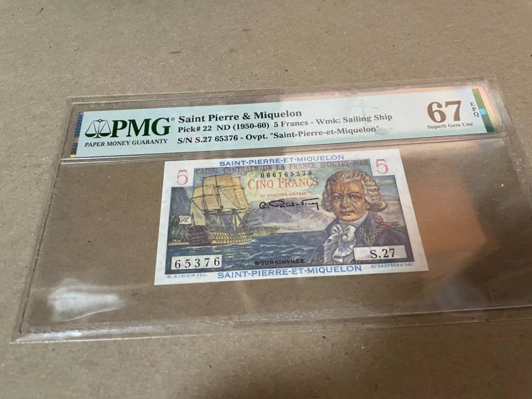 【Blue Auction】✨世界纸币精拍第180期（共73拍） 圣皮埃尔和密克隆 1950-60年5法郎 PMG67EPQ 