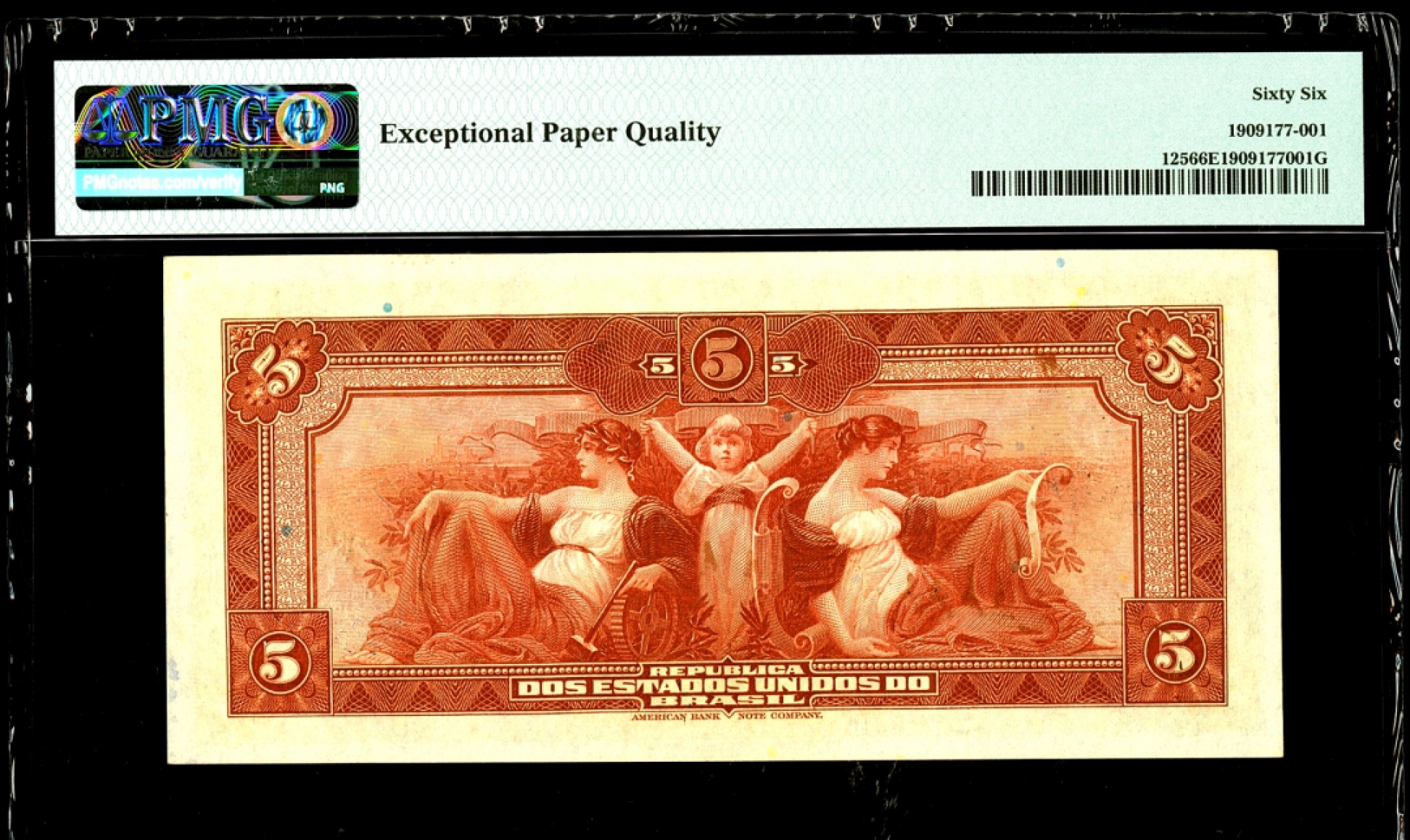 【Blue Auction】✨世界纸币精拍第180期（共73拍） 【唯一冠军分 手签实钞】巴西 1942年5克鲁塞罗 PMG66EPQ 绝品罕见 美钞公司出品 雕刻精美