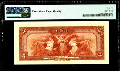 【Blue Auction】✨世界纸币精拍第180期（共73拍） - 【唯一冠军分 手签实钞】巴西 1942年5克鲁塞罗 PMG66EPQ 绝品罕见 美钞公司出品 雕刻精美