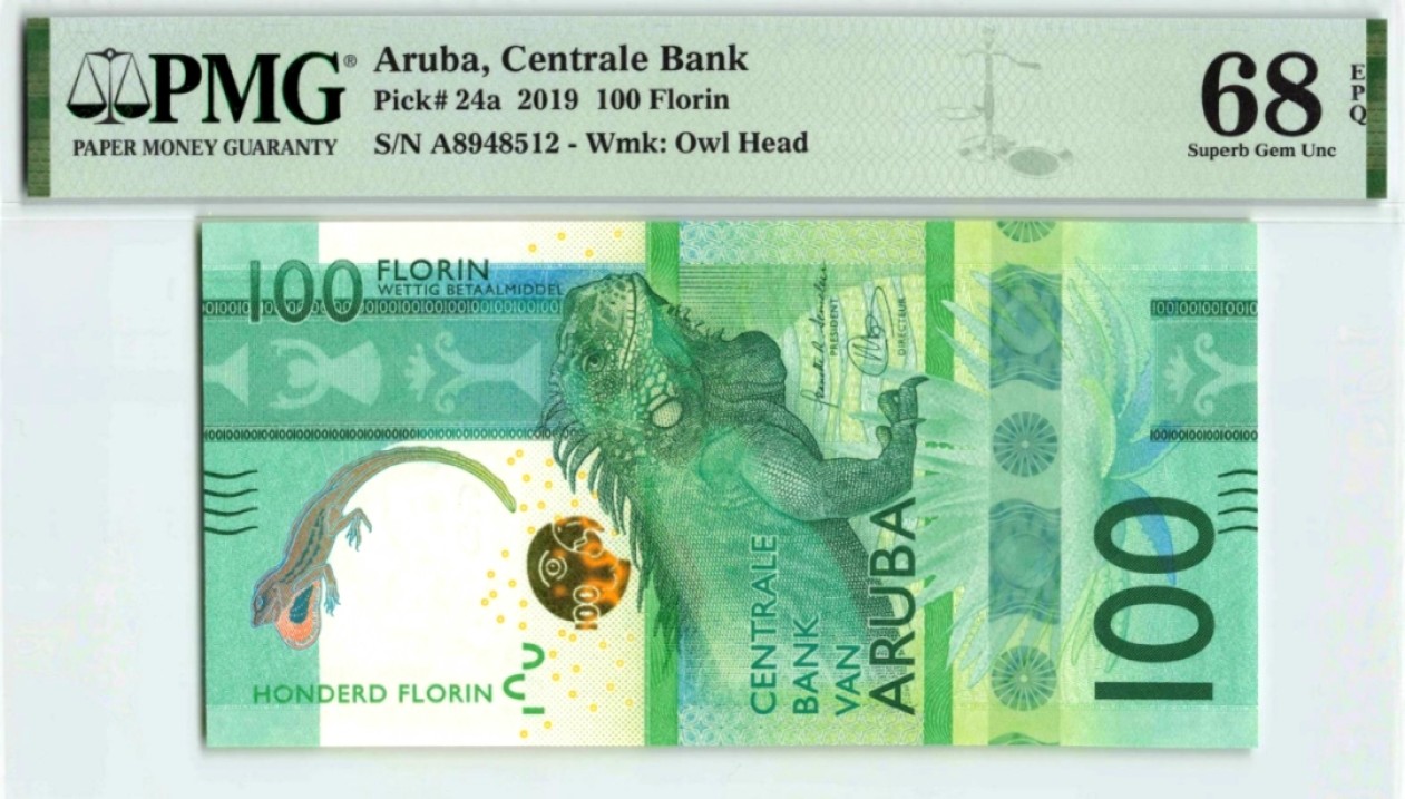 【Blue Auction】✨世界纸币精拍第180期（共73拍） 【年度最佳纸币 68分高分少见】阿鲁巴 2019年100弗罗林 A冠 大蜥蜴 PMG68EPQ