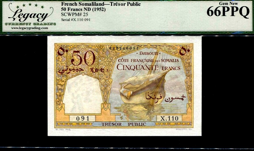 【Blue Auction】✨世界纸币精拍第180期（共73拍） 【无47】法属索马里兰 1952年50法郎 经典骆驼队 幽灵船 LCG66EPQ 无针孔无黄无折绝品少见 