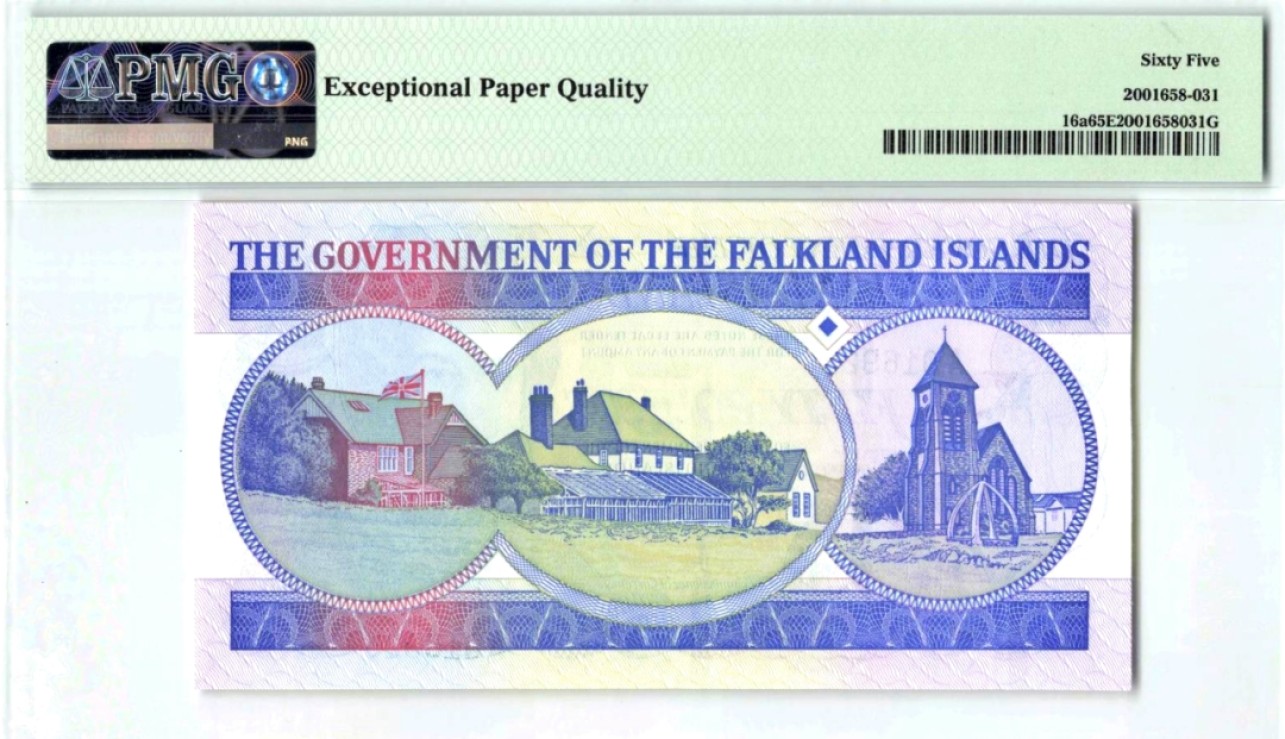【Blue Auction】✨世界纸币精拍第180期（共73拍） 福克兰群岛 1990年50镑 最高值 A冠 女王纸币 PMG65EPQ 