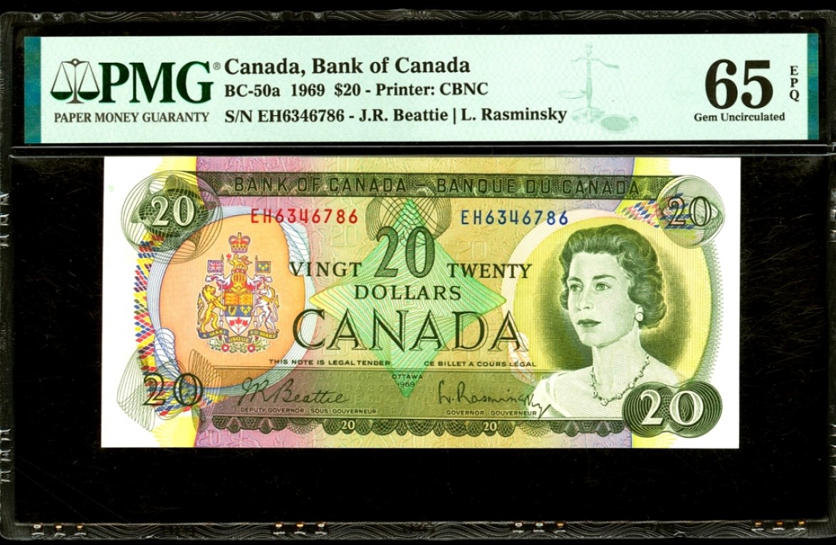 【Blue Auction】✨世界纸币精拍第180期（共73拍） 加拿大 1969年20元 BC-50a PMG65EPQ 女王 背面风景漂亮