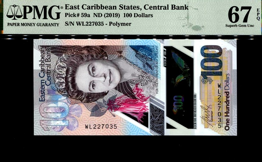 【Blue Auction】✨世界纸币精拍第180期（共73拍） 东加勒比 2019年100元 最高值 PMG67EPQ 高分 女王纸币