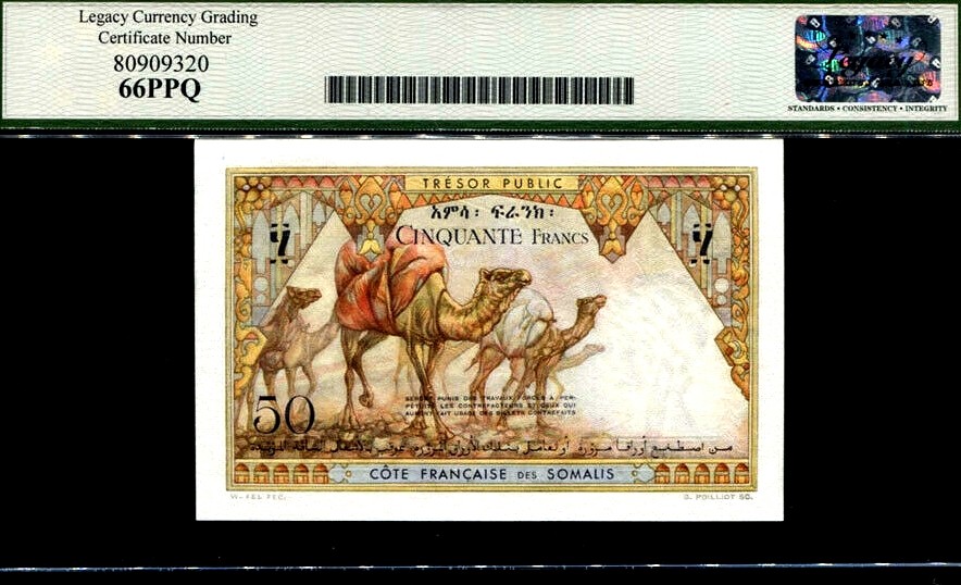 【Blue Auction】✨世界纸币精拍第180期（共73拍） 【无47】法属索马里兰 1952年50法郎 经典骆驼队 幽灵船 LCG66EPQ 无针孔无黄无折绝品少见 