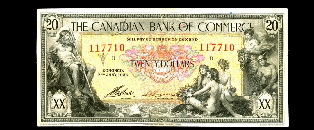 【Blue Auction】✨世界纸币精拍第180期（共73拍） 加拿大 1935年20元 经典海王 雕刻非常漂亮 众神&裸女 品相如图 原汁原味 