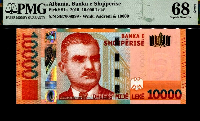 【Blue Auction】✨世界纸币精拍第180期（共73拍） 【999豹子号高分罕见】阿尔巴尼亚 2019年10000列克 PMG68EPQ 非常精美