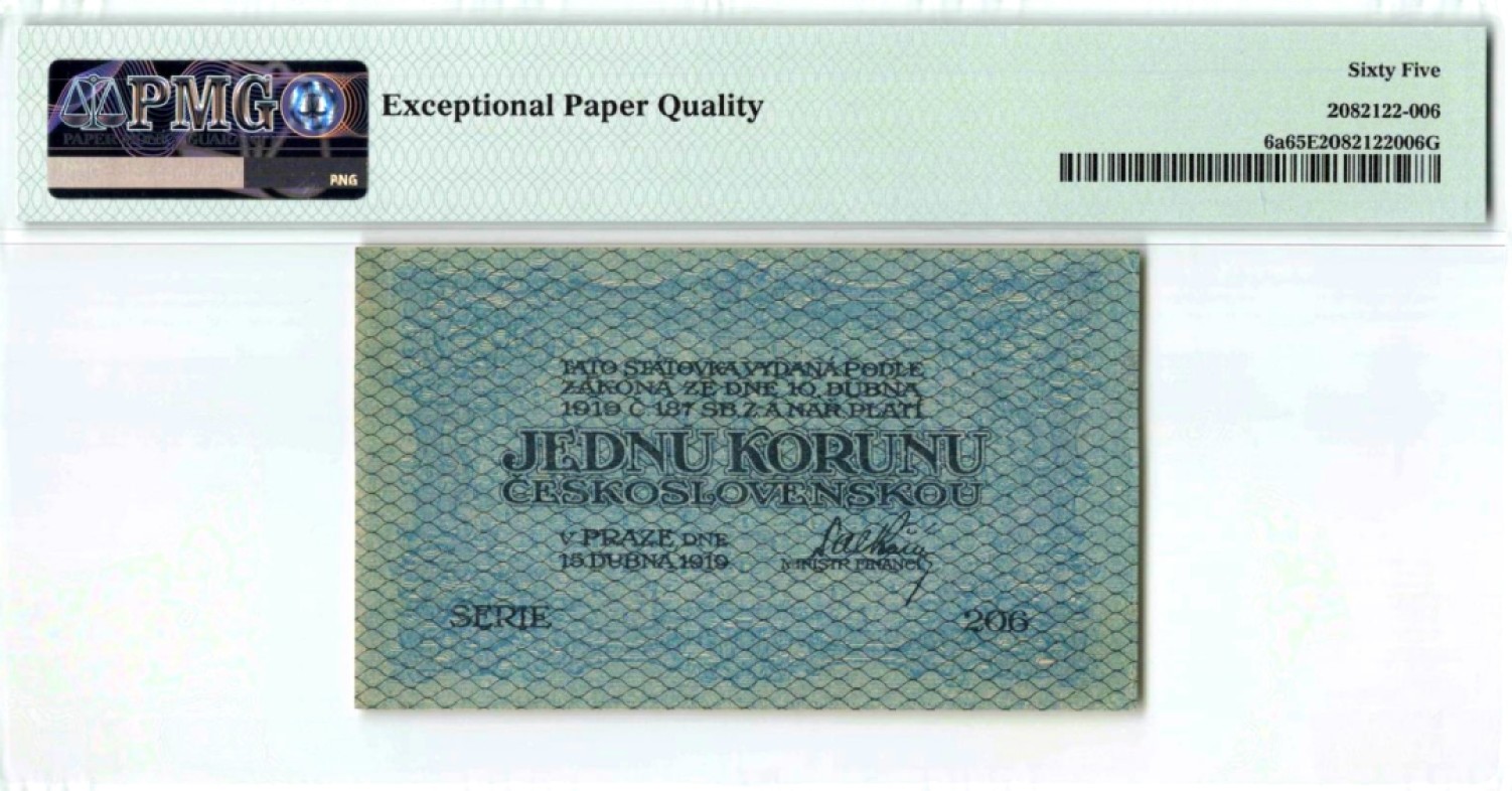【Blue Auction】✨世界纸币精拍第180期（共73拍） 【百年风云 少见品种】捷克斯洛伐克 早期 p6a 1919年1克朗 PMG65EPQ 绝品 