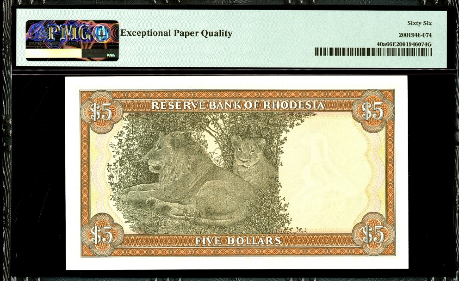 【Blue Auction】✨世界纸币精拍第180期（共73拍） 罗德西亚 p36b  1978年5元 PMG66EPQ 狮子精美