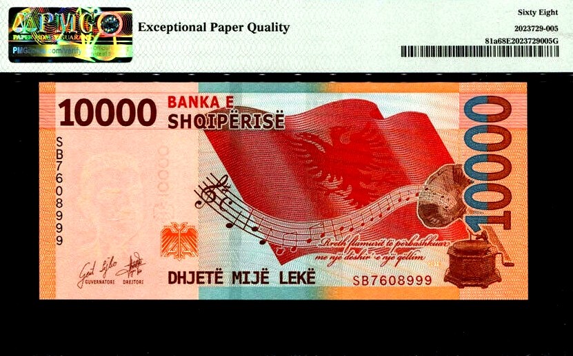 【Blue Auction】✨世界纸币精拍第180期（共73拍） 【999豹子号高分罕见】阿尔巴尼亚 2019年10000列克 PMG68EPQ 非常精美