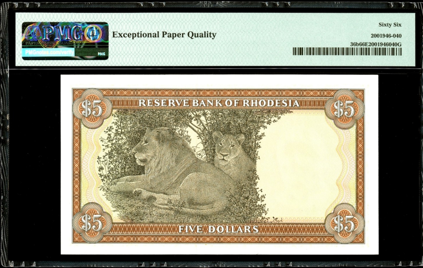 【Blue Auction】✨世界纸币精拍第180期（共73拍） 罗德西亚 p40a  1979年5元 PMG66EPQ 狮子精美
