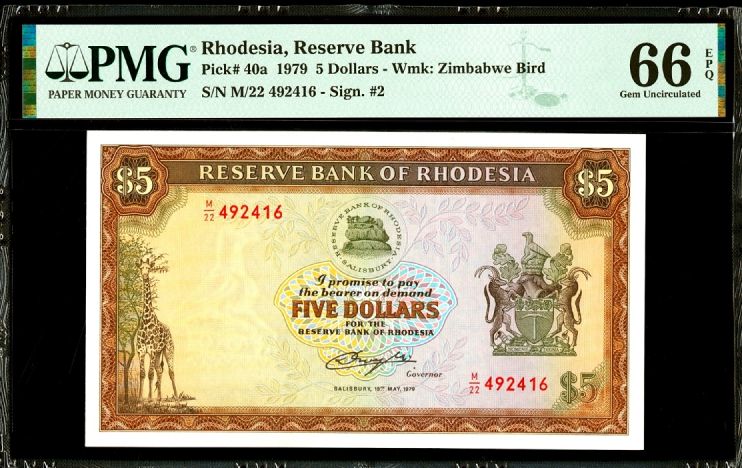 【Blue Auction】✨世界纸币精拍第180期（共73拍） 罗德西亚 p40a  1979年5元 PMG66EPQ 狮子精美