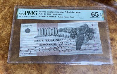 Chase Auction 第9期 - - 中外钱币、民国钞联拍！ - 2005年法罗群岛1000克朗，IBNS最佳纸币，PMG65分，首发冠B0051，细金属线版！
