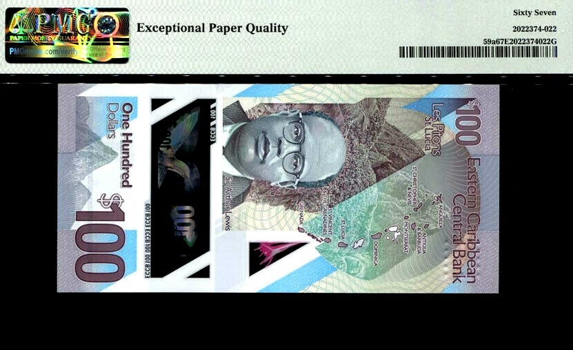 【Blue Auction】✨世界纸币精拍第180期（共73拍） 东加勒比 2019年100元 最高值 PMG67EPQ 高分 女王纸币