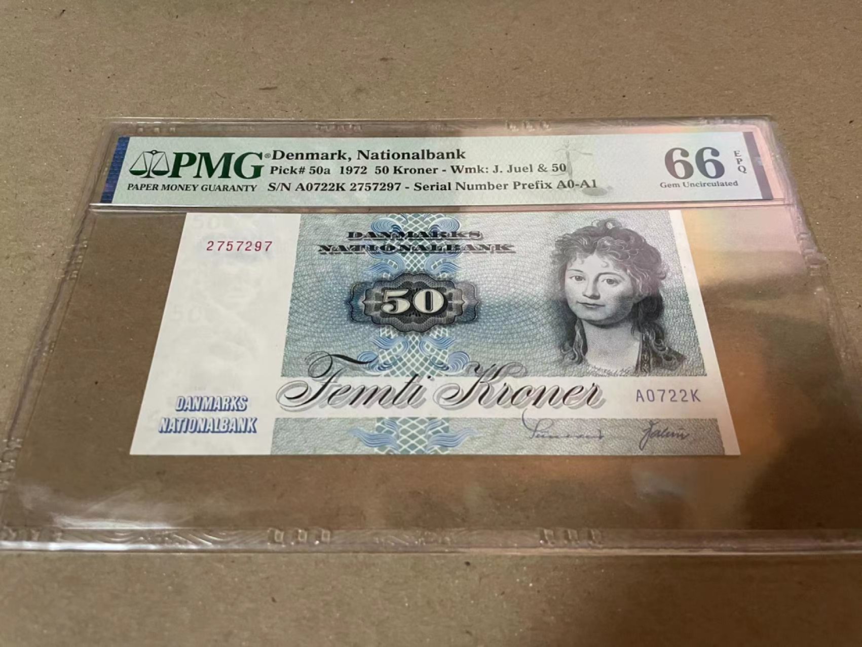 【Blue Auction】✨世界纸币精拍第180期（共73拍） 【A0】丹麦 1972年50克朗 PMG66EPQ 鲫鱼