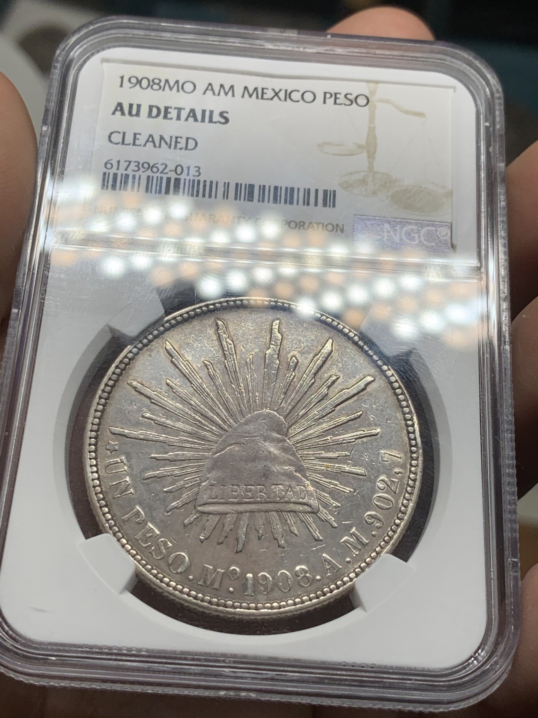 《竞宝斋》第53场（献给最美的劳动者，祝五一快乐！）-本周日，周一2场连拍（全场不限金额包邮） NGC 评级 墨西哥1908年 直边鹰洋 底板光感好 淡包浆 状态不错