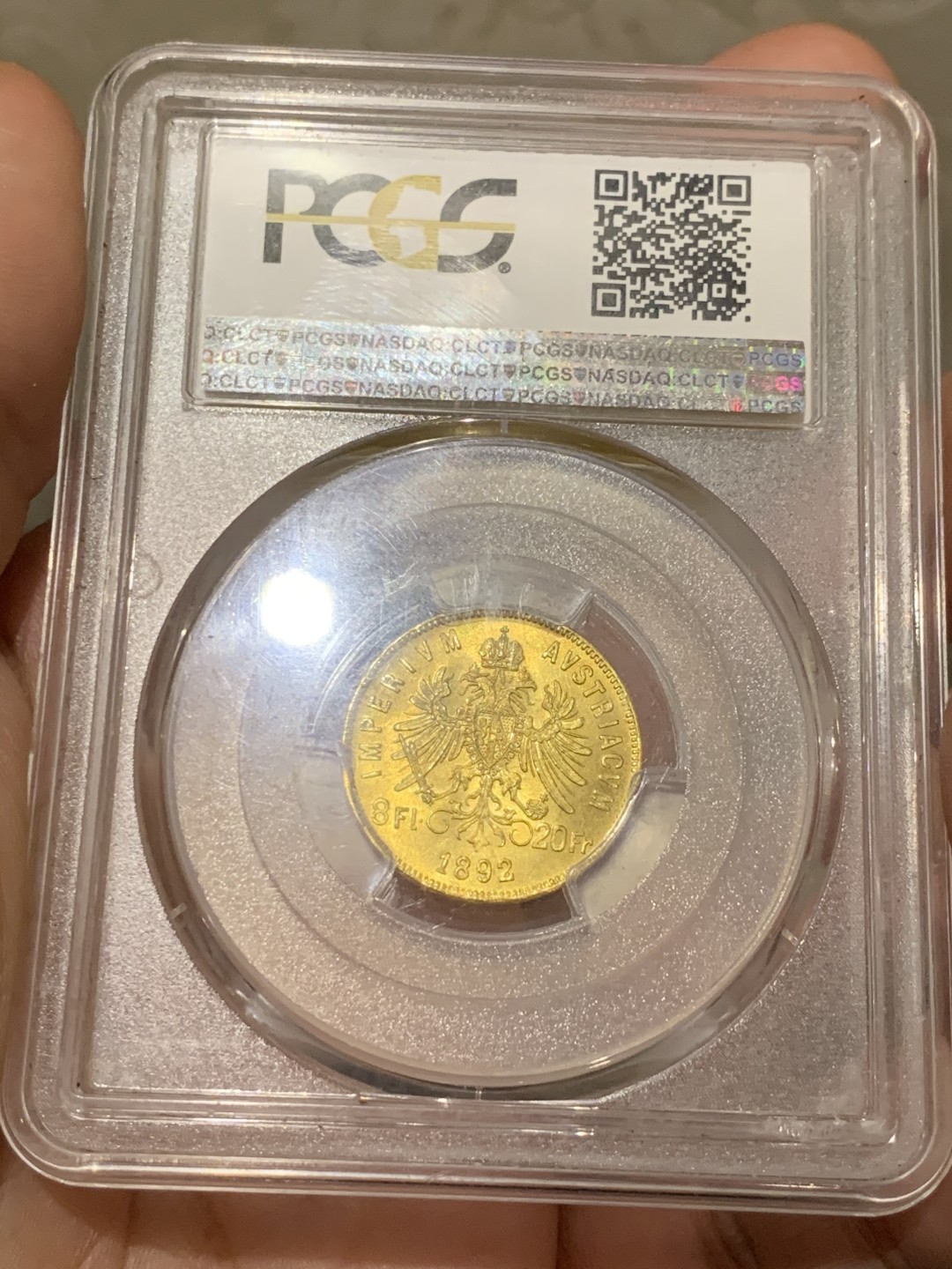 《竞宝斋》第53场（献给最美的劳动者，祝五一快乐！）-本周日，周一2场连拍（全场不限金额包邮） PCGS MS66 奥匈帝国 1892年 8福林20法郎金币 少见双面额 又名贸易金 6.45克 900金 该枚金币首年为1870年 1892年即为该金币后铸年份同时也为奥匈帝国贸易金的关门年份 老后铸