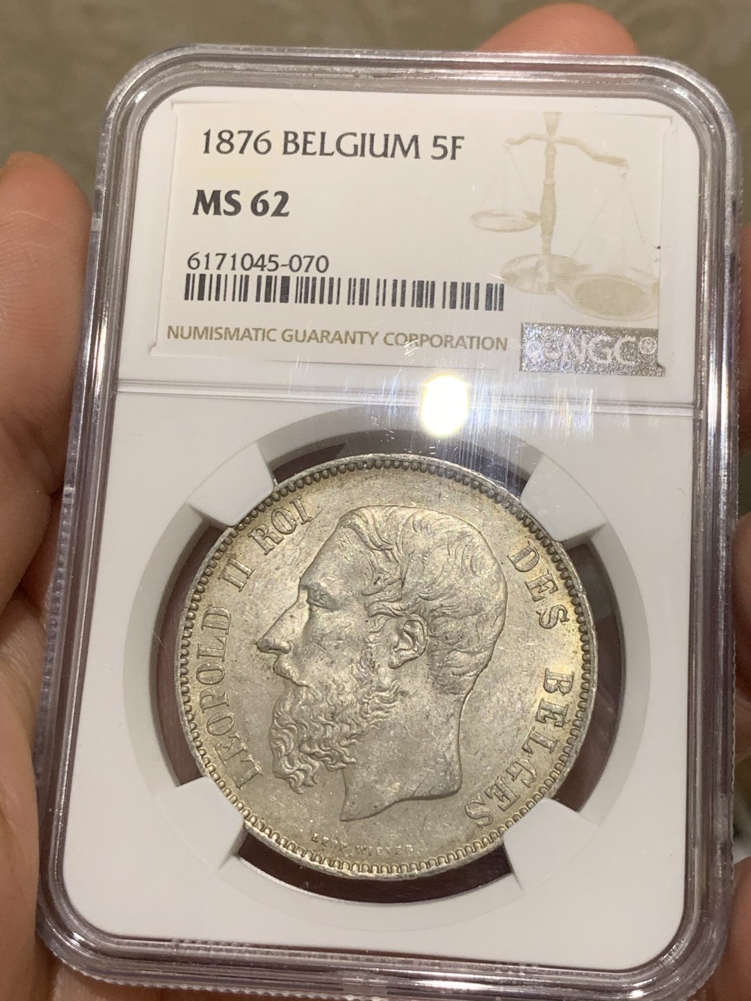 《竞宝斋》第53场（献给最美的劳动者，祝五一快乐！）-本周日，周一2场连拍（全场不限金额包邮） NGC MS62 比利时 1876年 利奥波德二世 5法郎 银币 不多的年份 难得的状态