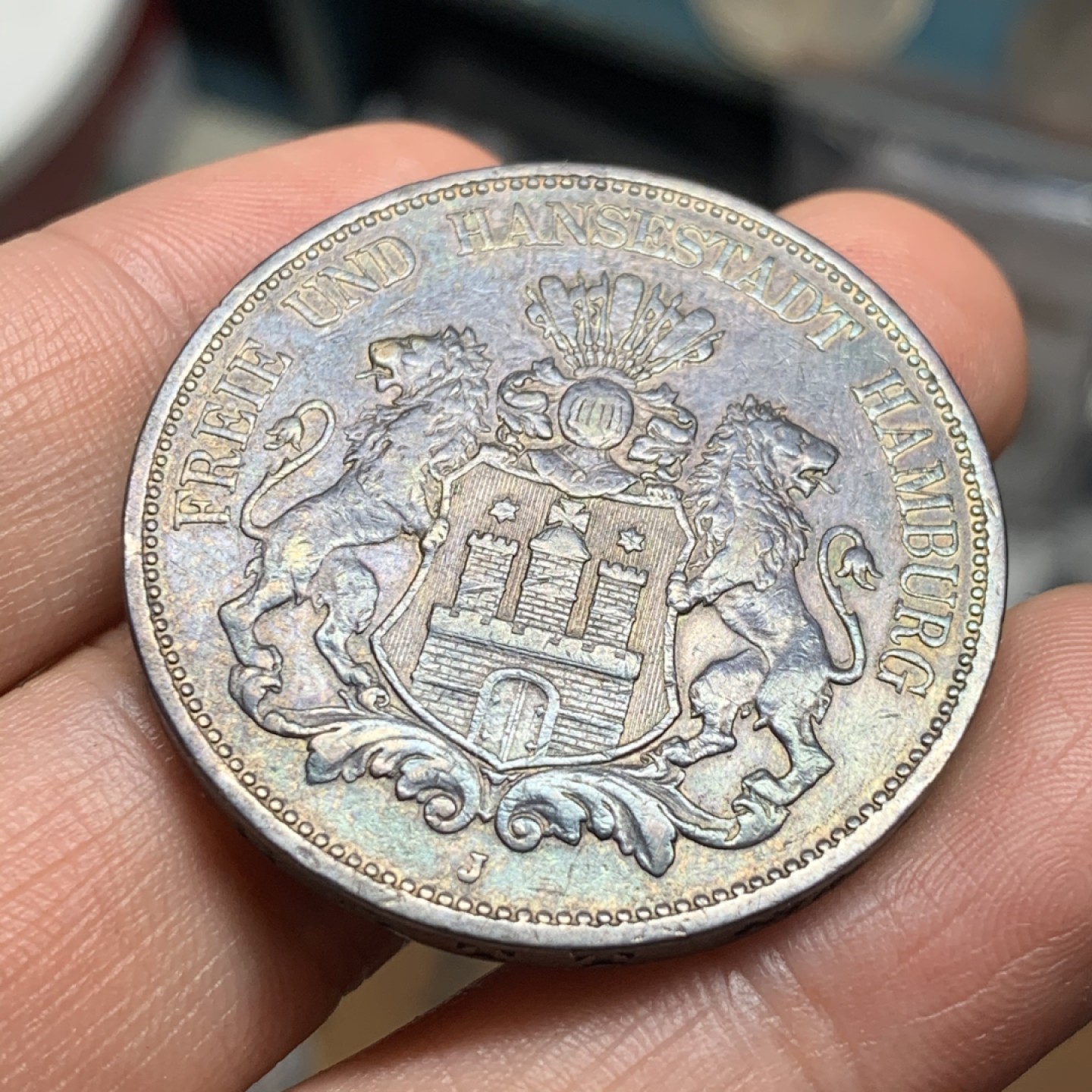 《竞宝斋》第53场（献给最美的劳动者，祝五一快乐！）-本周日，周一2场连拍（全场不限金额包邮） 1894年德国汉堡自由市5马克、双狮马克、老包浆、黑彩、好品、裸币