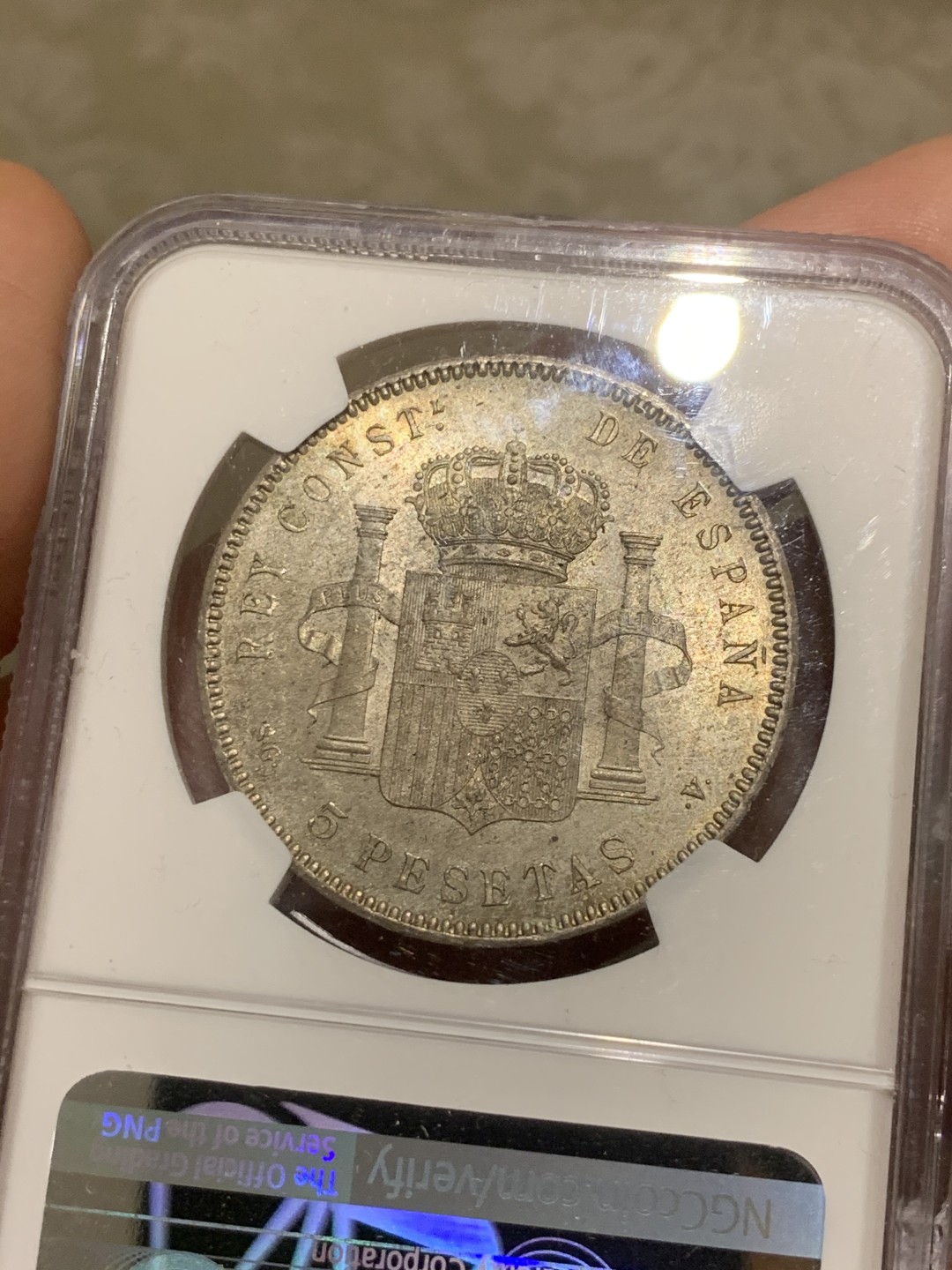 《竞宝斋》第53场（献给最美的劳动者，祝五一快乐！）-本周日，周一2场连拍（全场不限金额包邮） NGC-MS63+  西班牙双柱 娃娃头  1899  5 比塞塔  淡金五彩包浆  味道一流  值得收藏