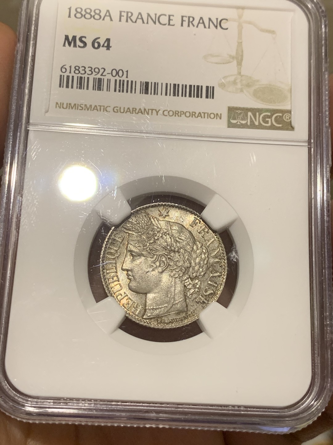 《竞宝斋》第53场（献给最美的劳动者，祝五一快乐！）-本周日，周一2场连拍（全场不限金额包邮） NGC-MS64 1888A 法国 1法郎 银币 谷物女神头像 背面五彩包浆