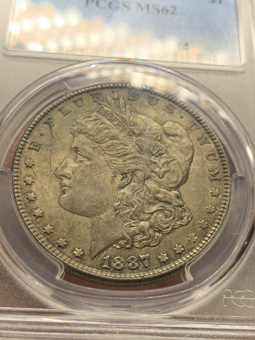 《竞宝斋》第53场（献给最美的劳动者，祝五一快乐！）-本周日，周一2场连拍（全场不限金额包邮） PCGS MS62美国1887年 摩根银币双面灰黑彩 少见彩种 摩根玩家收藏级彩