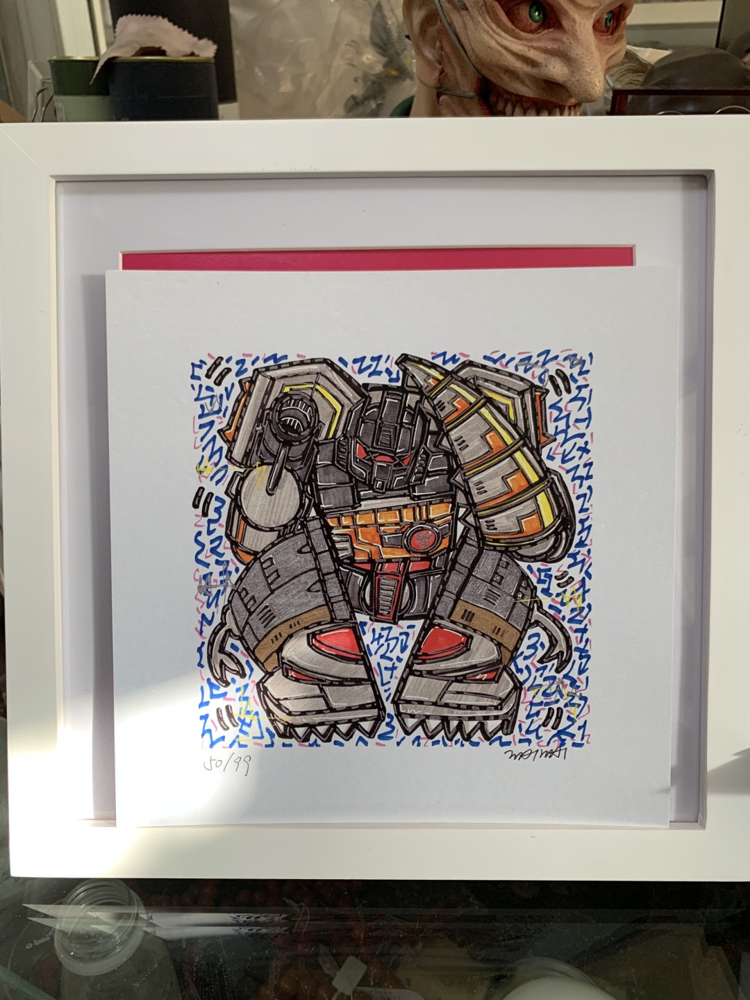 零元拍：歪歪亲笔签名 OWSON系列限量插画复制画《变形金刚系列：钢索》，尺寸约22/22厘米，拍品不含镜框