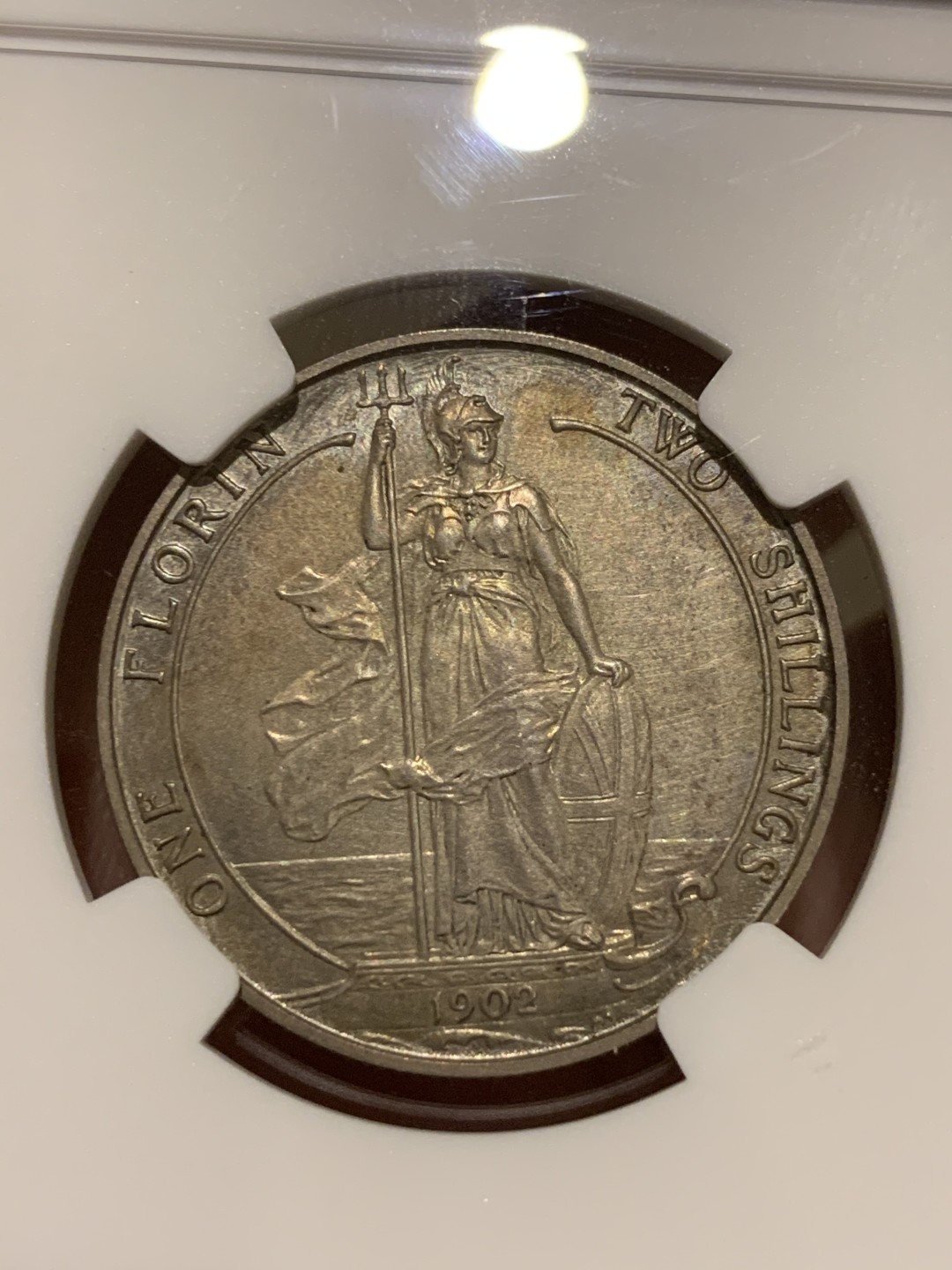 《竞宝斋》第53场（献给最美的劳动者，祝五一快乐！）-本周日，周一2场连拍（全场不限金额包邮） NGC PF62MATTE 英国1902年爱德华七世国王头像海神1弗洛林（2先令）精制银币