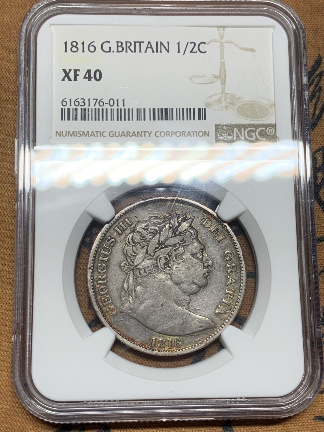 《竞宝斋》第53场（献给最美的劳动者，祝五一快乐！）-本周日，周一2场连拍（全场不限金额包邮） NGC XF40 英国 1816年 乔三 牛头版 半克朗 银币 淡金色包浆 细节优秀