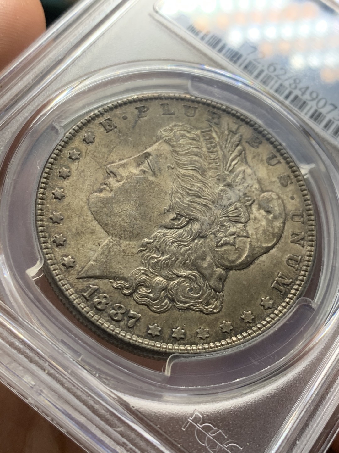 《竞宝斋》第53场（献给最美的劳动者，祝五一快乐！）-本周日，周一2场连拍（全场不限金额包邮） PCGS MS62美国1887年 摩根银币双面灰黑彩 少见彩种 摩根玩家收藏级彩