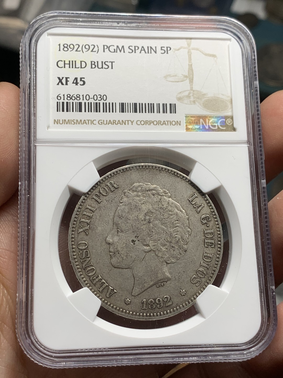 《竞宝斋》第53场（献给最美的劳动者，祝五一快乐！）-本周日，周一2场连拍（全场不限金额包邮） NGC XF45 西班牙 1892年 爆炸头 5比塞塔 双柱银币 原味深彩好状态