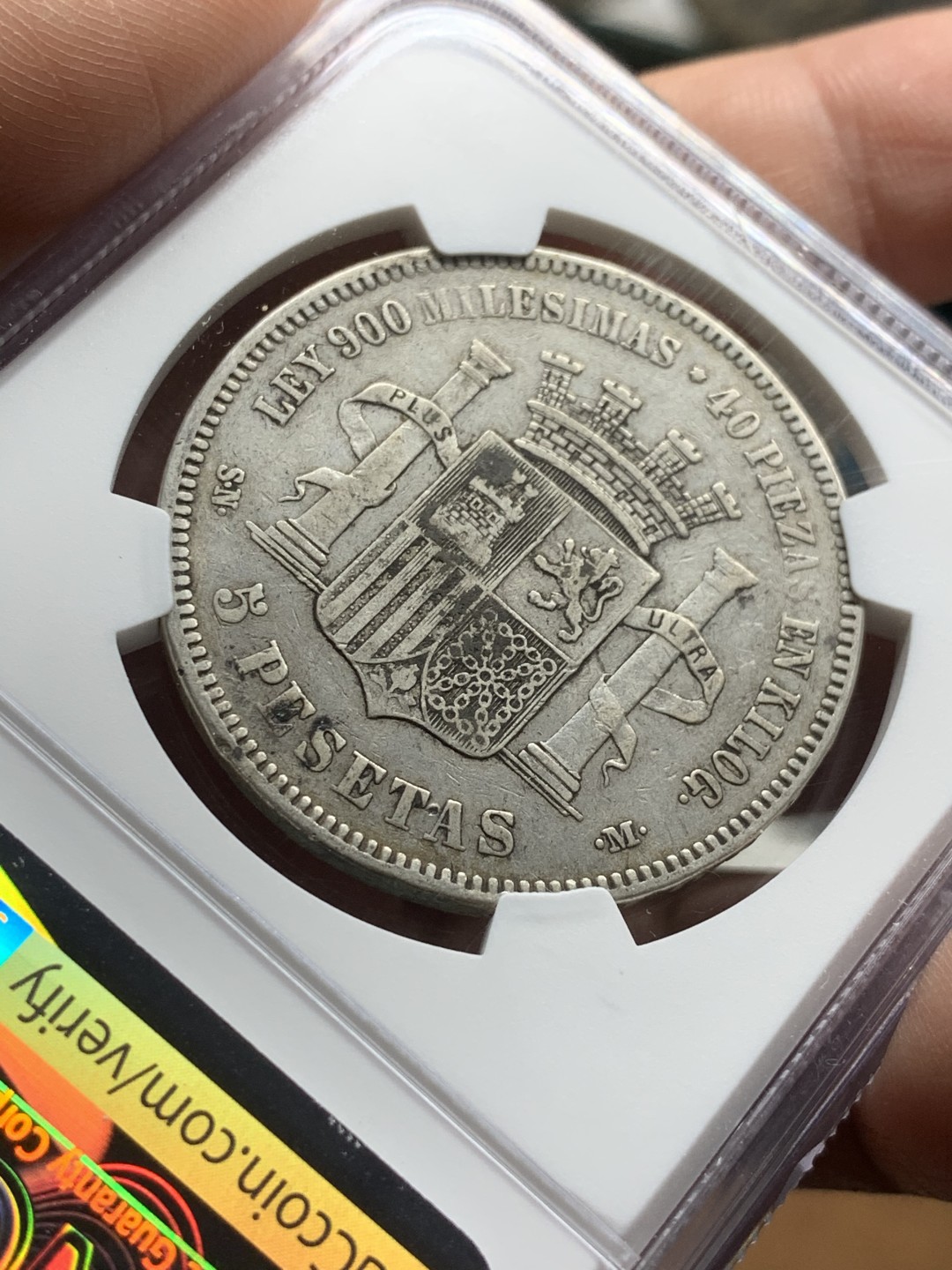 《竞宝斋》第53场（献给最美的劳动者，祝五一快乐！）-本周日，周一2场连拍（全场不限金额包邮） NGC 评级 西班牙 1870年 拿花女神 5比塞塔 双柱银币 深五彩包浆 原味状态