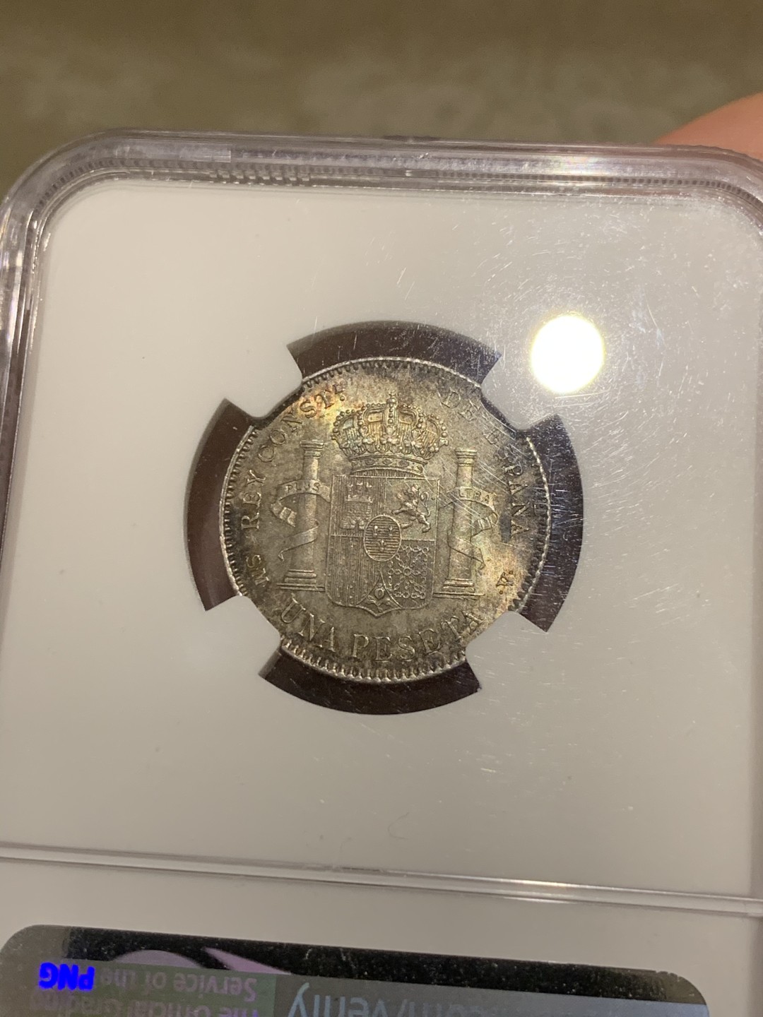 《竞宝斋》第53场（献给最美的劳动者，祝五一快乐！）-本周日，周一2场连拍（全场不限金额包邮） NGC-MS63 1900 SMV 西班牙 1比塞塔 银币 男童头像 背面五彩包浆