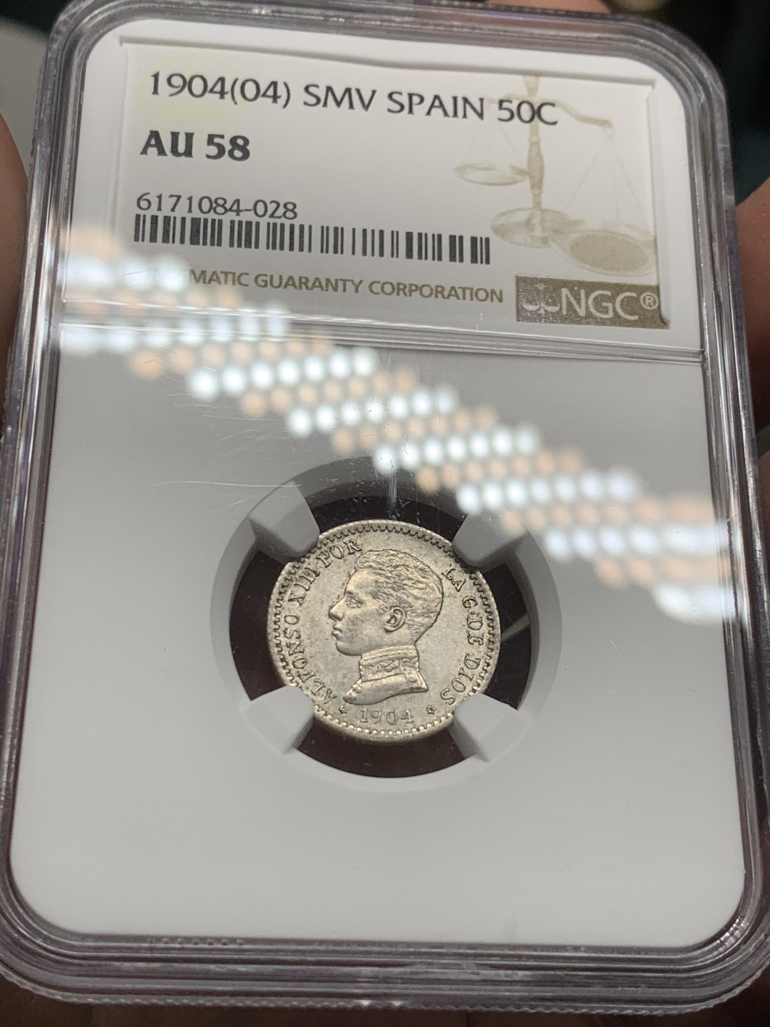 《竞宝斋》第53场（献给最美的劳动者，祝五一快乐！）-本周日，周一2场连拍（全场不限金额包邮） NGC-AU58 西班牙 1904年 阿方索十三世 50分 银币 细节清晰 状态好于分数