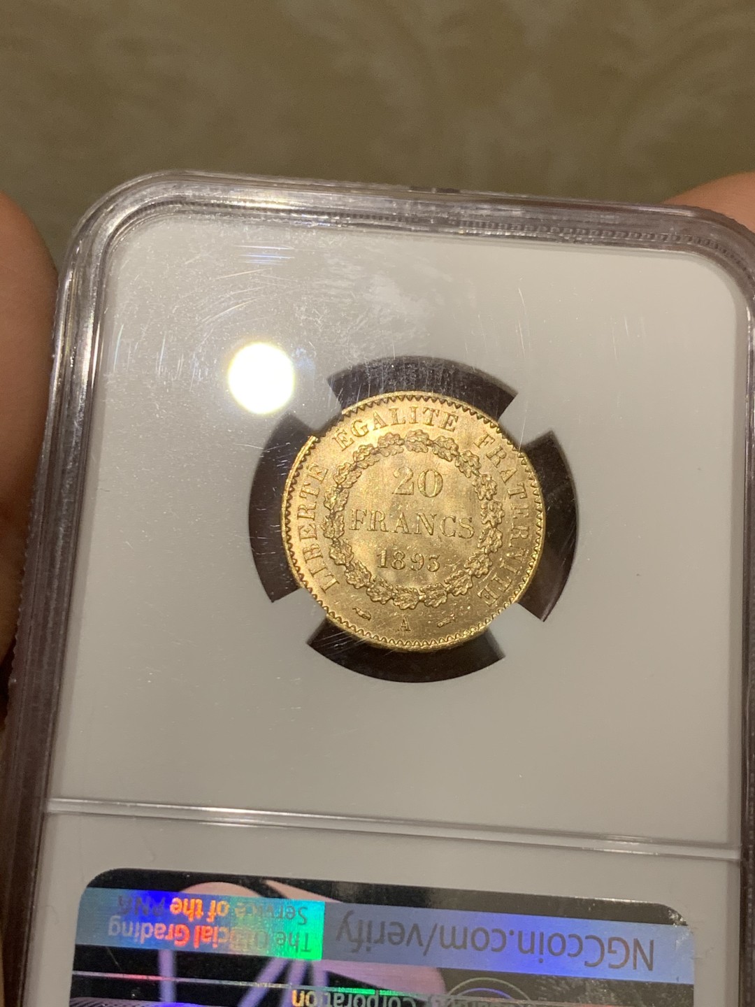 《竞宝斋》第53场（献给最美的劳动者，祝五一快乐！）-本周日，周一2场连拍（全场不限金额包邮） NGC MS64 法国1893年天使20法郎金币幸运金币