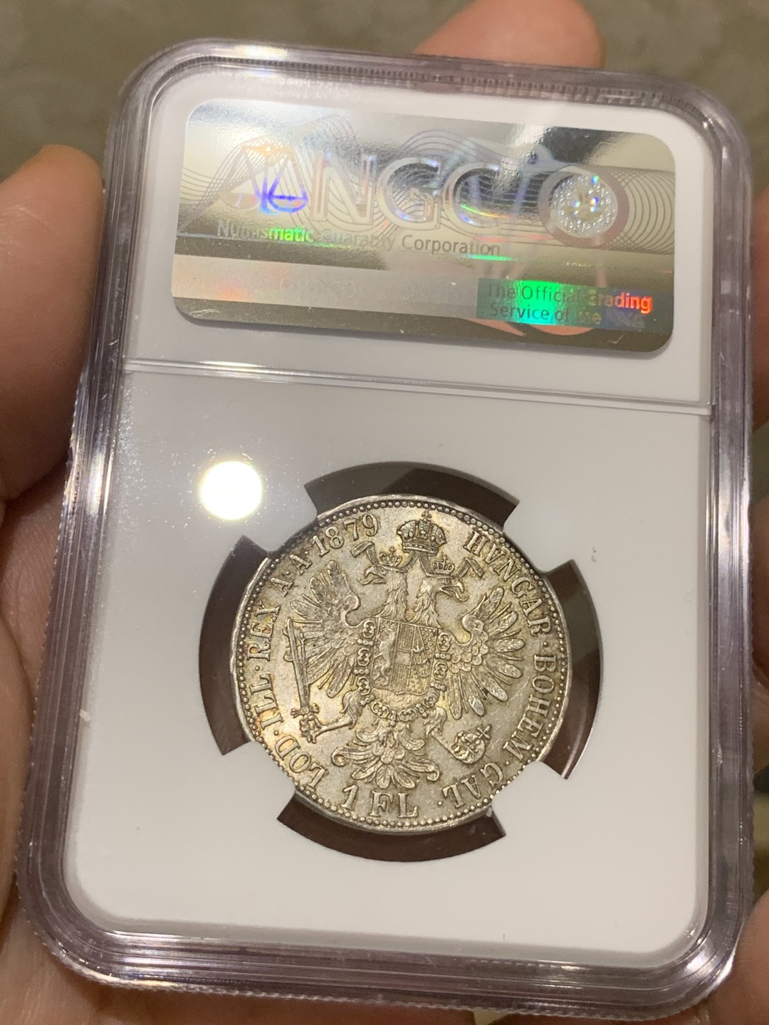 《竞宝斋》第53场（献给最美的劳动者，祝五一快乐！）-本周日，周一2场连拍（全场不限金额包邮） NGC MS63 奥匈帝国 1879年 福林 银币 五彩包浆 发丝清晰 好品看分