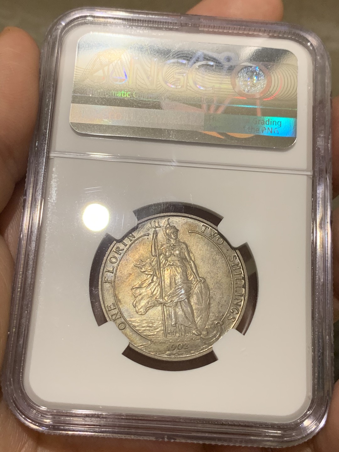 《竞宝斋》第53场（献给最美的劳动者，祝五一快乐！）-本周日，周一2场连拍（全场不限金额包邮） NGC PF62MATTE 英国1902年爱德华七世国王头像海神1弗洛林（2先令）精制银币