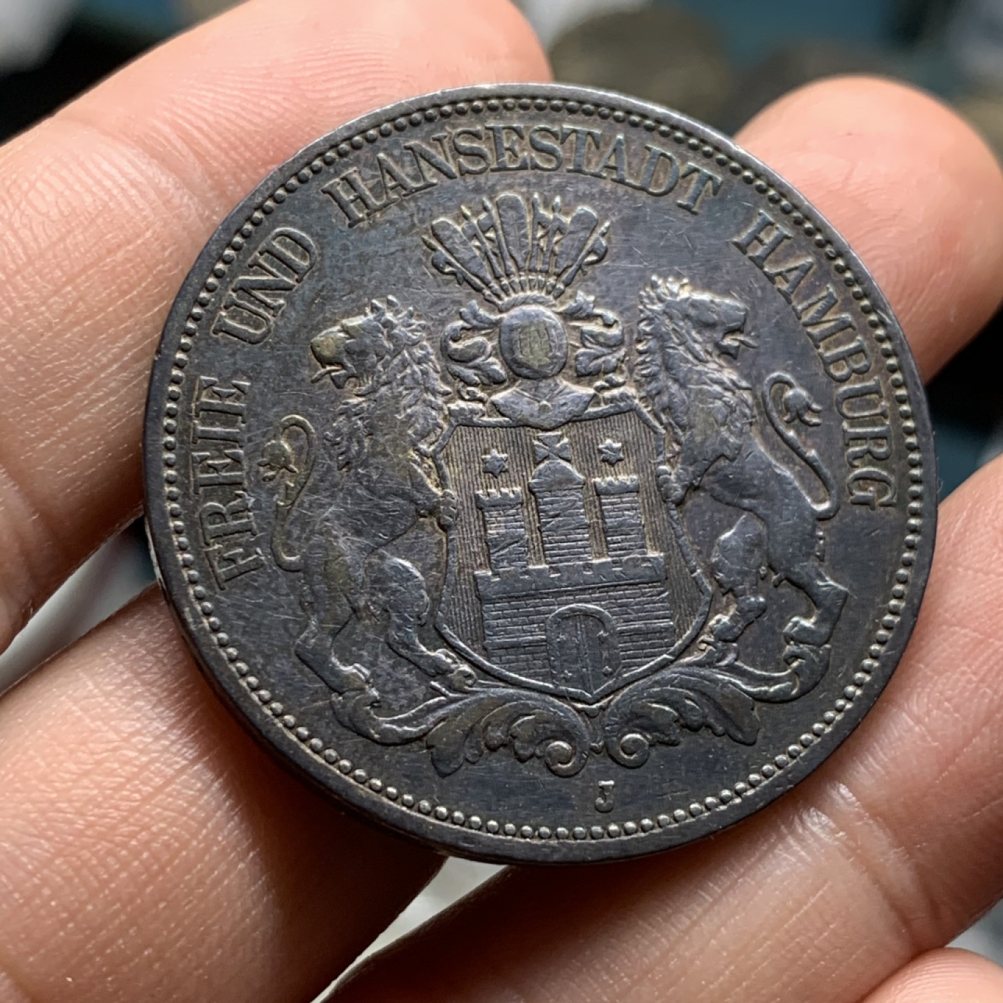 《竞宝斋》第53场（献给最美的劳动者，祝五一快乐！）-本周日，周一2场连拍（全场不限金额包邮） 1894年德国汉堡自由市5马克、双狮马克、老包浆、黑彩、好品、裸币