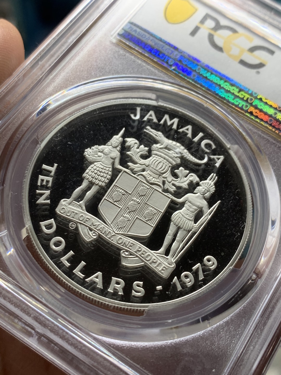 《竞宝斋》第53场（献给最美的劳动者，祝五一快乐！）-本周日，周一2场连拍（全场不限金额包邮） PCGS PR69DCAM 牙买加1979年儿童年纪念10元精制大银币   冠军分，925银，直径39mm，重量22.45g,发行量2万枚。