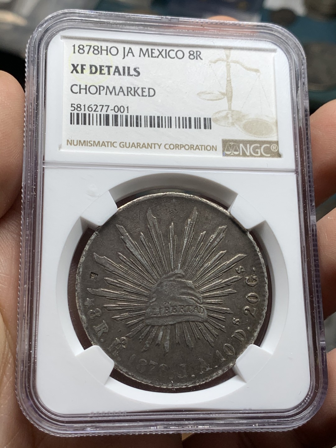 《竞宝斋》第53场（献给最美的劳动者，祝五一快乐！）-本周日，周一2场连拍（全场不限金额包邮） NGC XF 墨西哥1878年 墨西哥鹰洋(HOJA)原汁原味 双面黑包浆 鹰面铜钱样戳 另带汉字“上”字戳