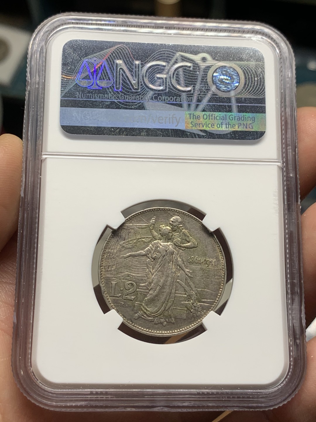 《竞宝斋》第53场（献给最美的劳动者，祝五一快乐！）-本周日，周一2场连拍（全场不限金额包邮） NGC AU53 意大利1911年建国50周年托奶2里拉银币