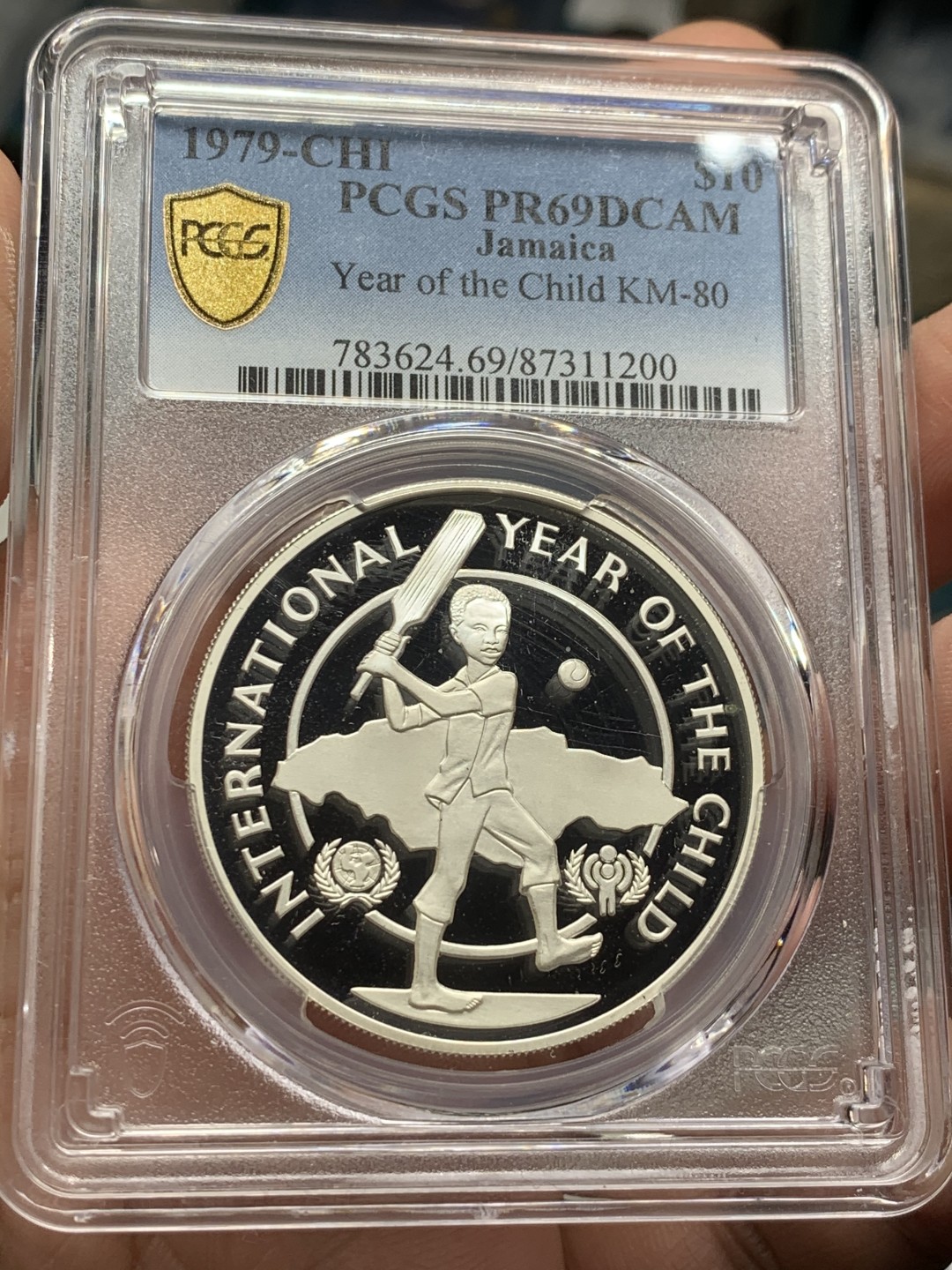 《竞宝斋》第53场（献给最美的劳动者，祝五一快乐！）-本周日，周一2场连拍（全场不限金额包邮） PCGS PR69DCAM 牙买加1979年儿童年纪念10元精制大银币   冠军分，925银，直径39mm，重量22.45g,发行量2万枚。