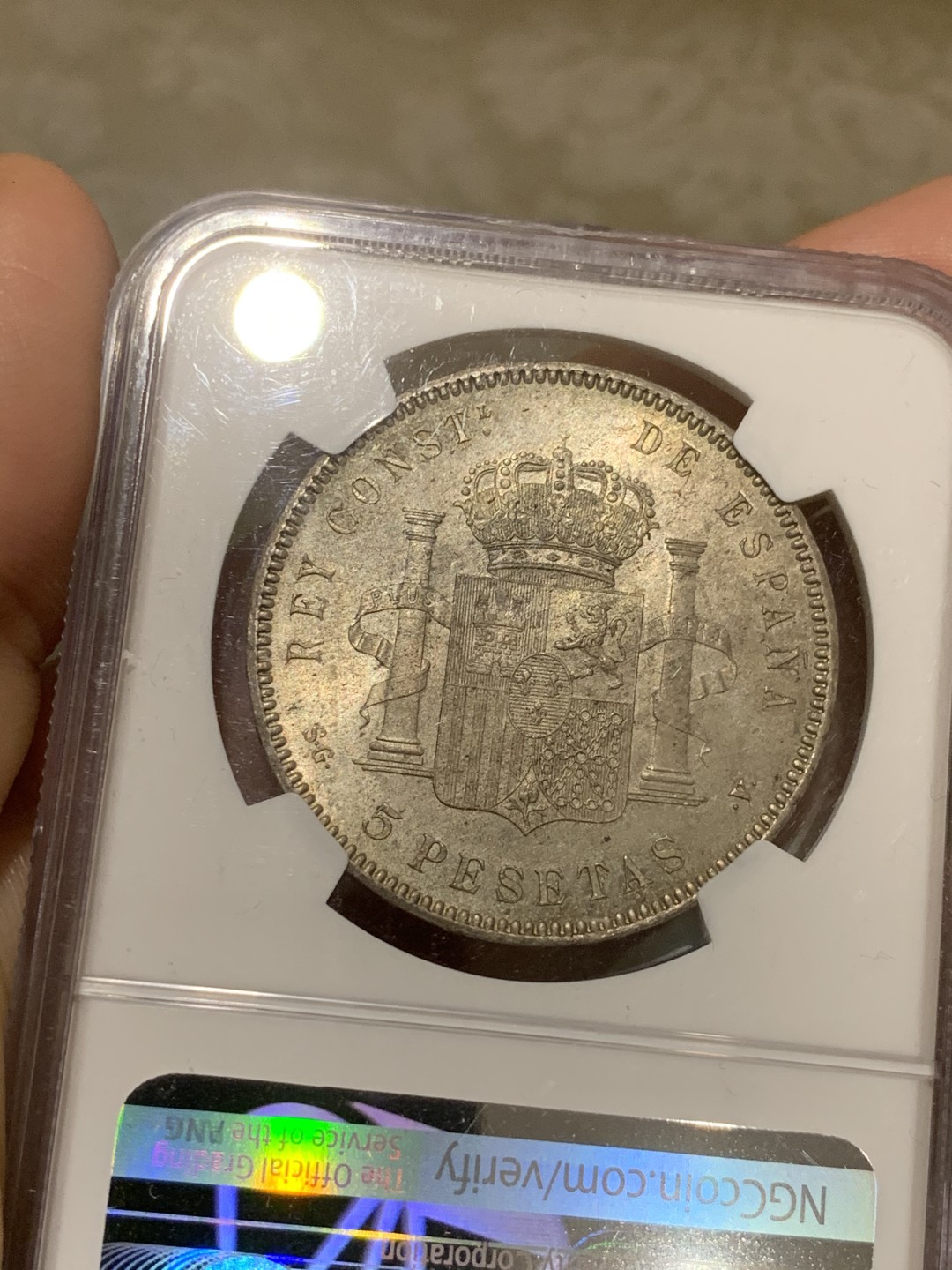 《竞宝斋》第53场（献给最美的劳动者，祝五一快乐！）-本周日，周一2场连拍（全场不限金额包邮） NGC-MS63+  西班牙双柱 娃娃头  1899  5 比塞塔  淡金五彩包浆  味道一流  值得收藏