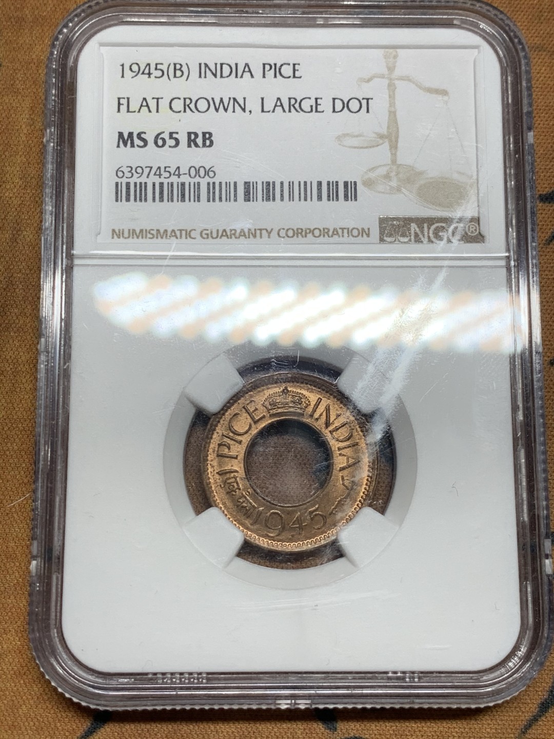 《竞宝斋》第53场（献给最美的劳动者，祝五一快乐！）-本周日，周一2场连拍（全场不限金额包邮） NGC MS65RB 英属印度1945年1派士铜币