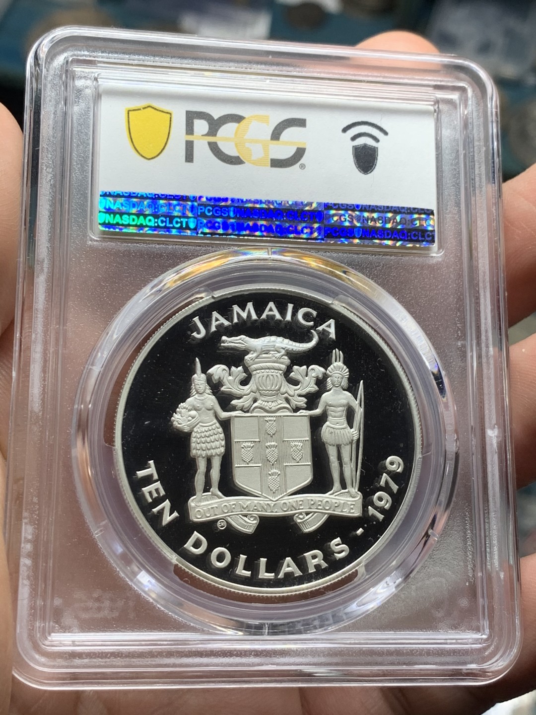 《竞宝斋》第53场（献给最美的劳动者，祝五一快乐！）-本周日，周一2场连拍（全场不限金额包邮） PCGS PR69DCAM 牙买加1979年儿童年纪念10元精制大银币   冠军分，925银，直径39mm，重量22.45g,发行量2万枚。