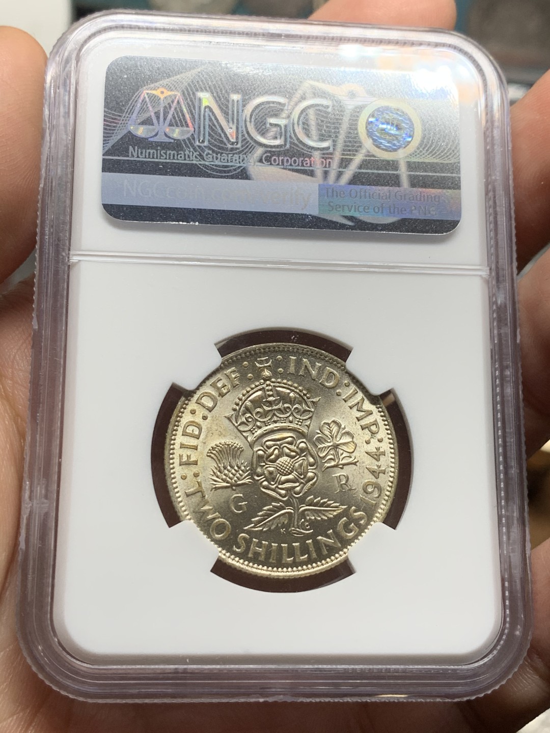 《竞宝斋》第53场（献给最美的劳动者，祝五一快乐！）-本周日，周一2场连拍（全场不限金额包邮） NGC-MS62 乔治六世1944年福林/两先令，BU背面黄油包浆，略低评