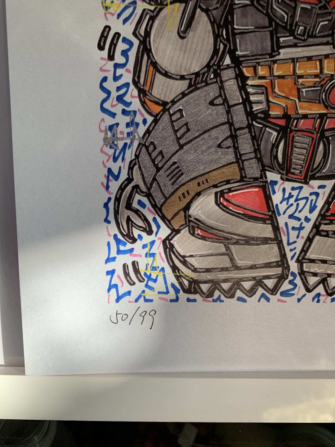 零元拍：歪歪亲笔签名 OWSON系列限量插画复制画《变形金刚系列：钢索》，尺寸约22/22厘米，拍品不含镜框