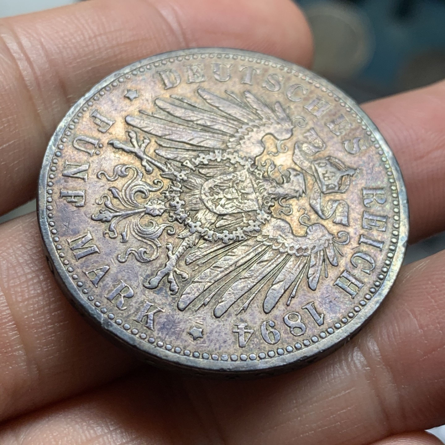 《竞宝斋》第53场（献给最美的劳动者，祝五一快乐！）-本周日，周一2场连拍（全场不限金额包邮） 1894年德国汉堡自由市5马克、双狮马克、老包浆、黑彩、好品、裸币