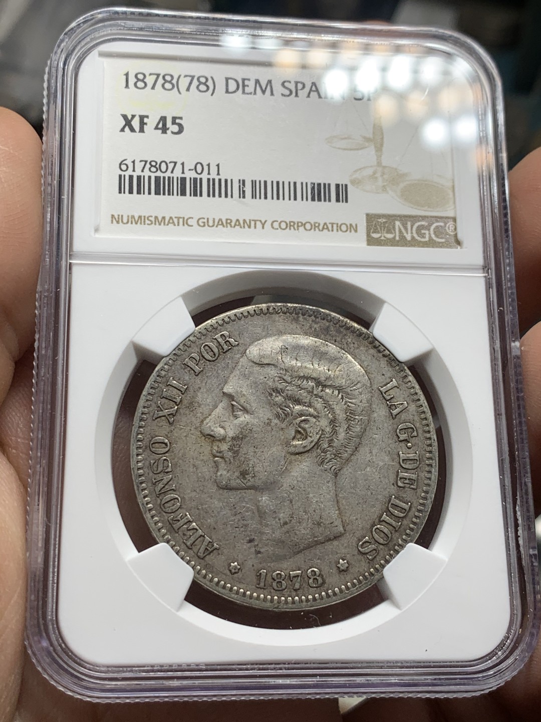 《竞宝斋》第53场（献给最美的劳动者，祝五一快乐！）-本周日，周一2场连拍（全场不限金额包邮） NGC XF45X 西班牙 1878  阿方索十二世 年轻头像 5比塞塔 双柱银币 原味包浆